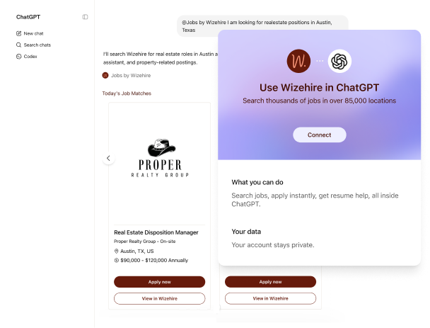 Wizehire Jobs plugin showing in ChatGPT with real estate listings in Austin, Texas