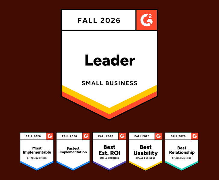 G2 Fall 2026 Leader badge for Small Business, with Most Implementable, Fastest Implementation, Best Est. ROI, Best Usability, and Best Relationship badges